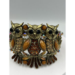 Vintage Owl Gold Tone Cuff Clamper Bangle Bracelet HANDMADE VTG SEE ALL